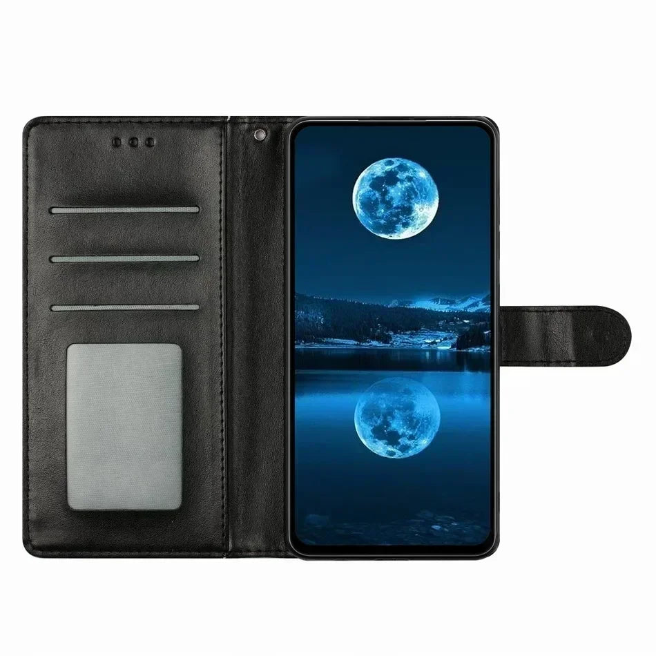 Black leather wallet phone case with card slots and an ID window, featuring a smartphone with a moon wallpaper display.