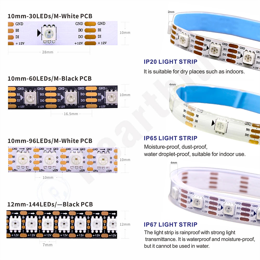 WS2811 WS2812 WS2813 WS2815 DC 5V 12V Color-Changing Addressable and Programmable LED Light Strips for Colorful Lighting