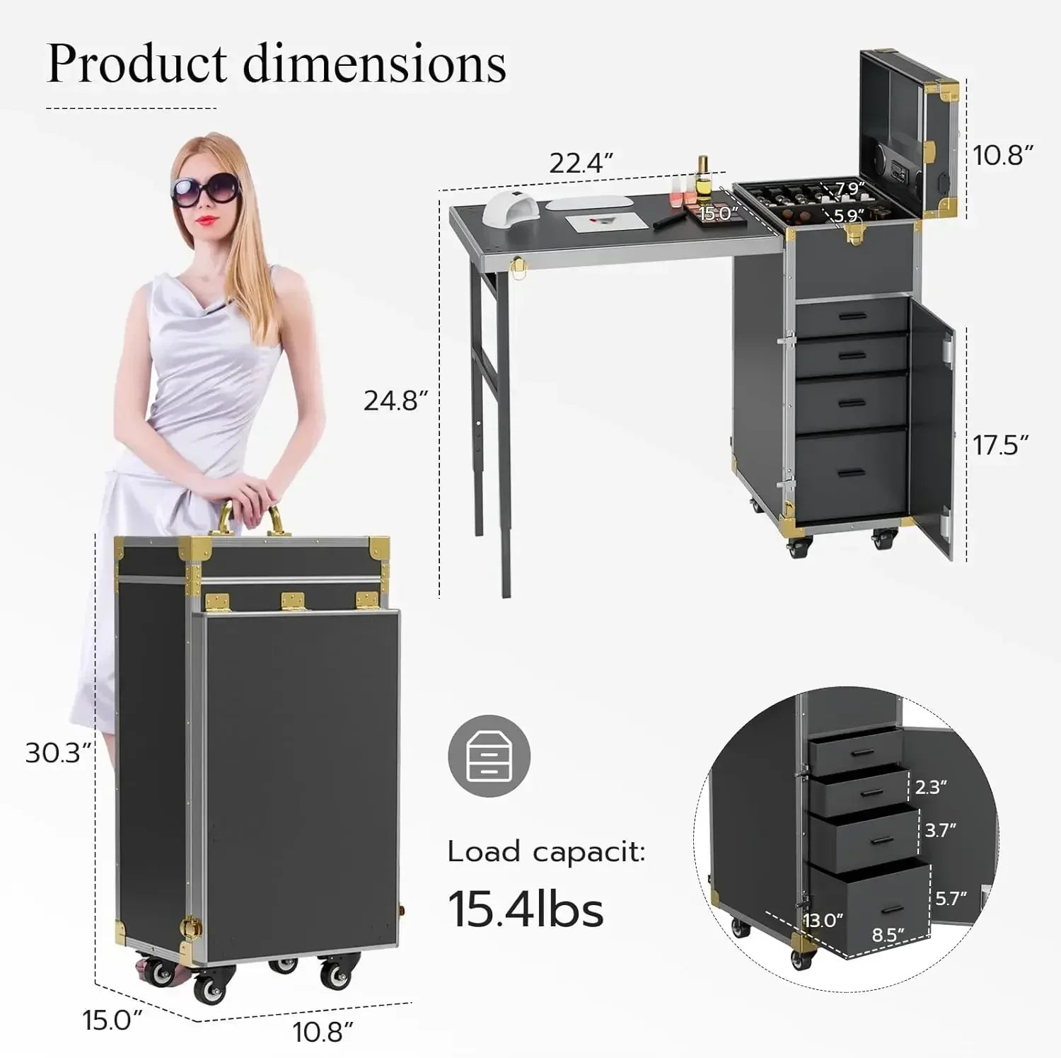 Portable Rolling Manicure Table - Foldable Beauty Cart for Salons Massage Chairs Tidesmit