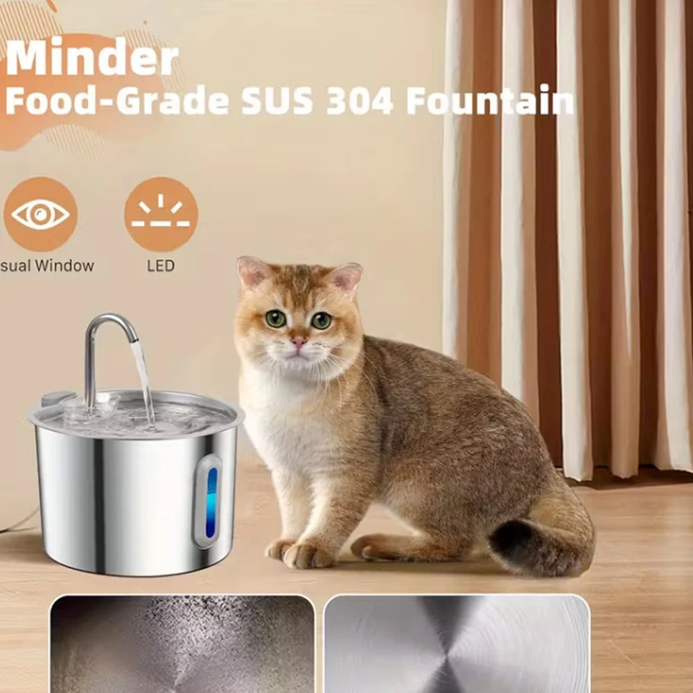 2.2L stainless steel cat water fountain with LED, visual water window, and smart flow for fresh pet hydration.