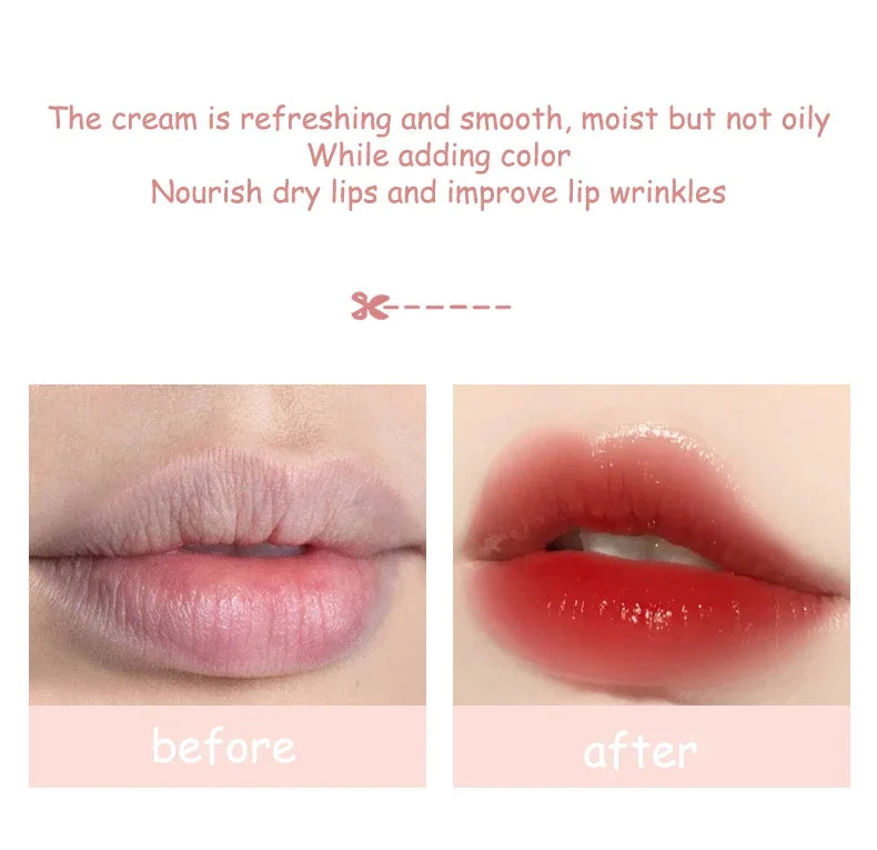 Before and after of red tinted lip balm showing moisturized, smooth lips with reduced lines and a glossy finish.