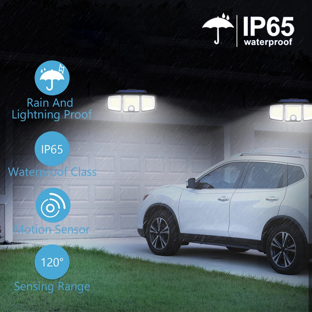 Solar Lights Outdoor 3 Heads Motion Sensor 286/236LED Security Flood Lights Waterproof 3 Modes Wall Lamp for Garden Patio Yard