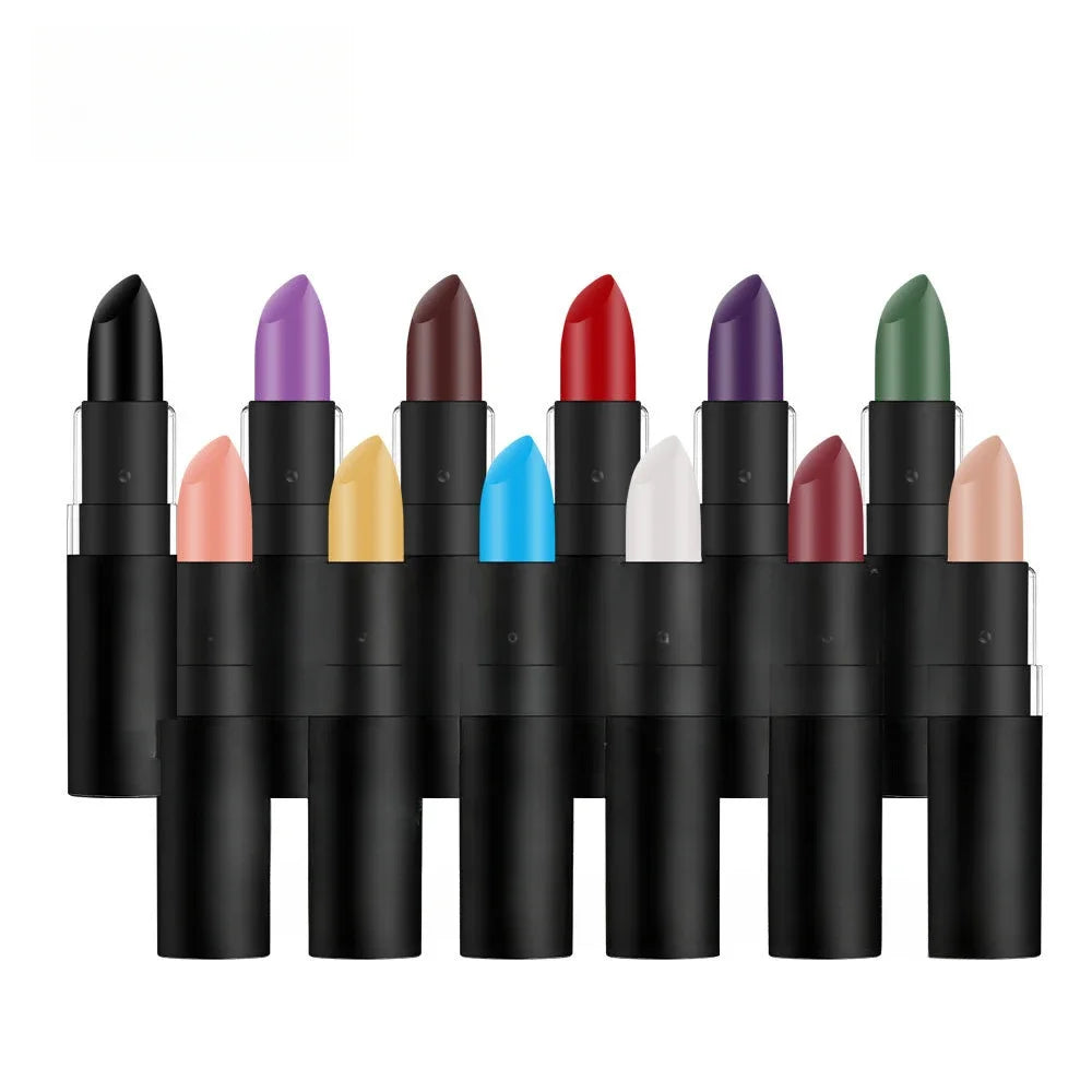 Set of waterproof matte lipsticks in various shades including wine red, black, white, and bright colors in black cases.
