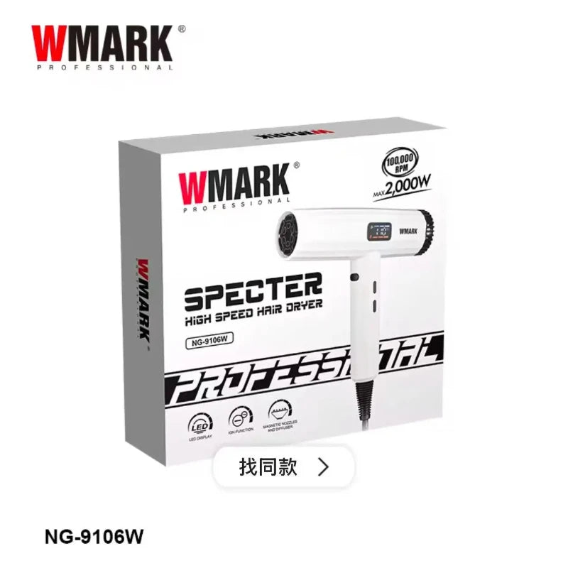 WMARK NG-9106W professional white high-speed hair dryer with LED display, ion technology, and magnetic attachments.