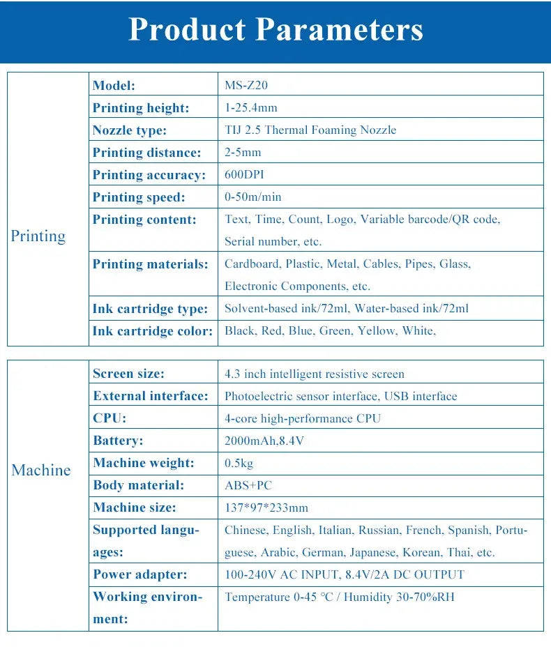 ZM-Z20 25.4mm Handheld Inkjet Printer for Text QR Barcode Batch Number Logo Date Label Coding Machine Portable Mini Printer