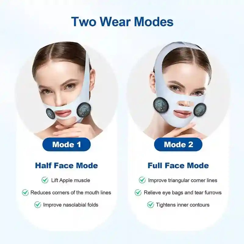 White EMS facial slimming strap shown in two modes on a model's face, featuring circular control panels.