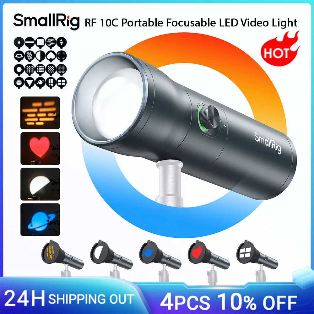 RF 10C portable dark gray cylindrical LED video light with a focusable beam and various shape-projecting gobos.