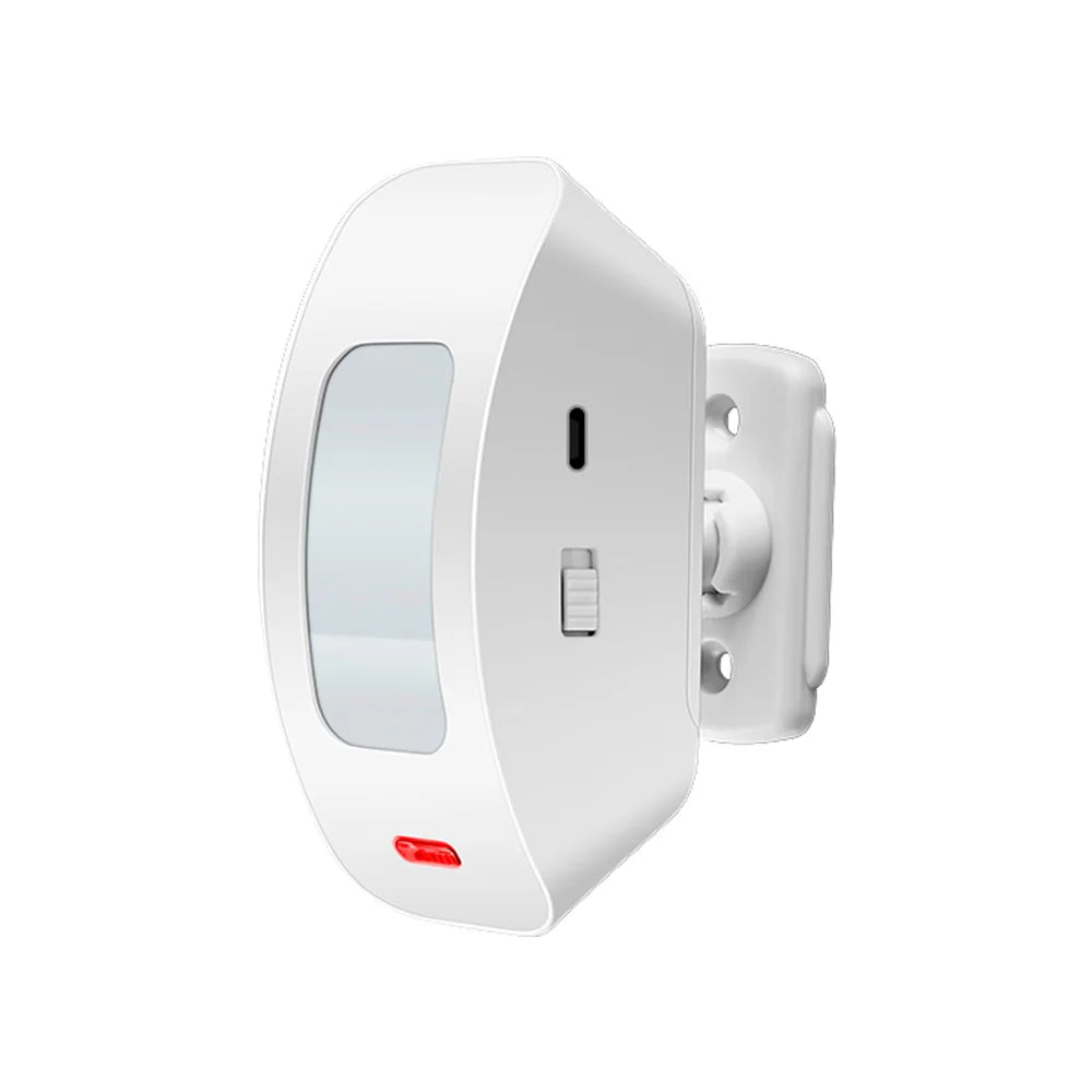 Wall-mounted white PIR motion sensor with blue indicator light and red status LED