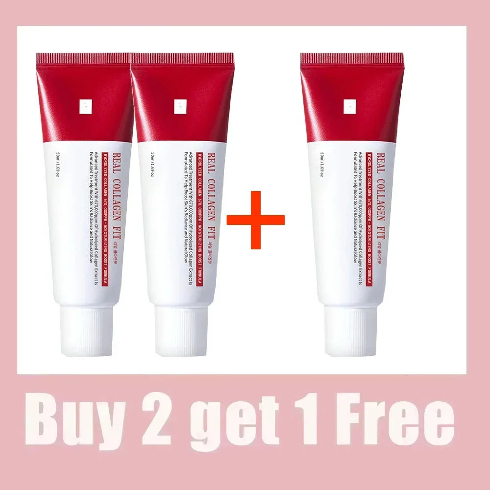 Real Collagen Fit peel-off facial mask promo with three red-and-white tubes