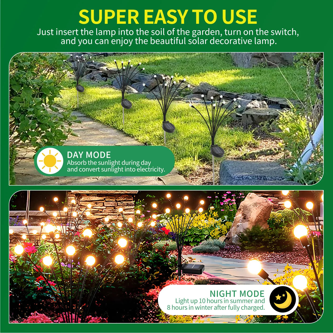 2Pack 8-Head Solar Firefly Lights Outdoor Pathway Decorative Garden IP651 Waterproof High Flexibility Iron Wire Heavy-Duty Bulb Base