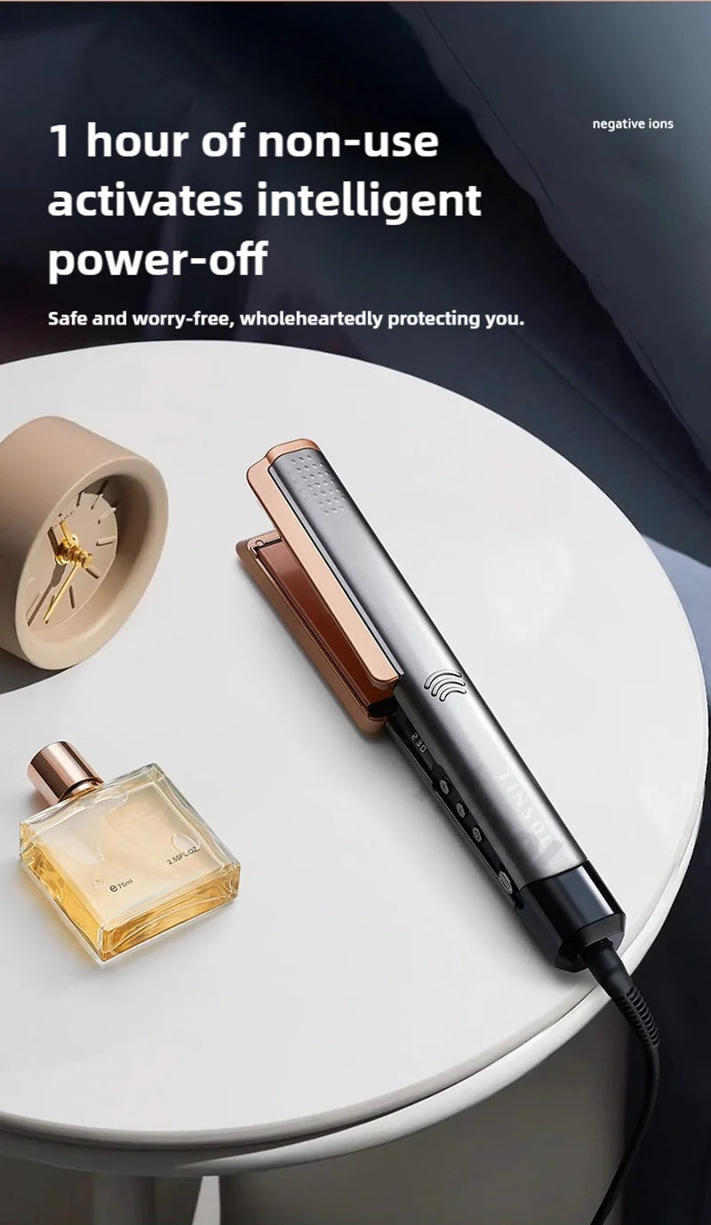 TINSOL 2-in-1 negative ion hair straightener and curling iron, gray and rose gold with LCD display on white table.