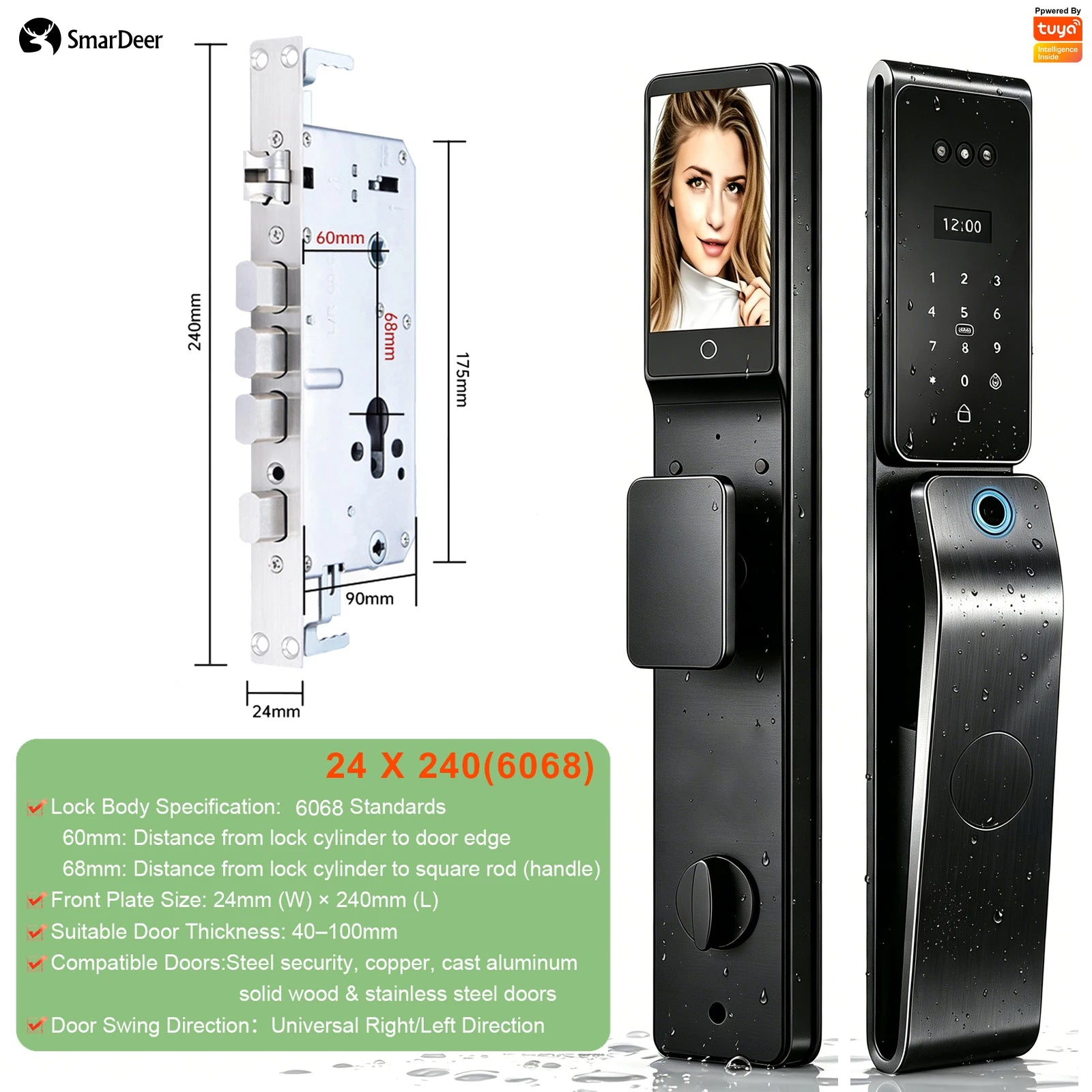 SmarDeer IP66 Outdoor Waterproof Smart Lock,3D Facial & Palm Vein Recognition Lock,Tuya WiFi Keyless Entry Security Lock