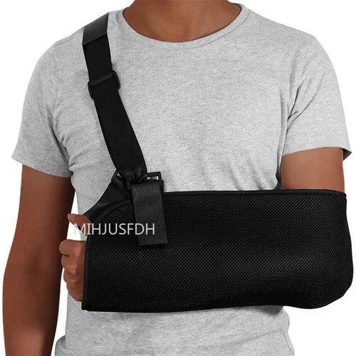Black mesh arm sling support brace for orthopedic pain relief and shoulder injury recovery.