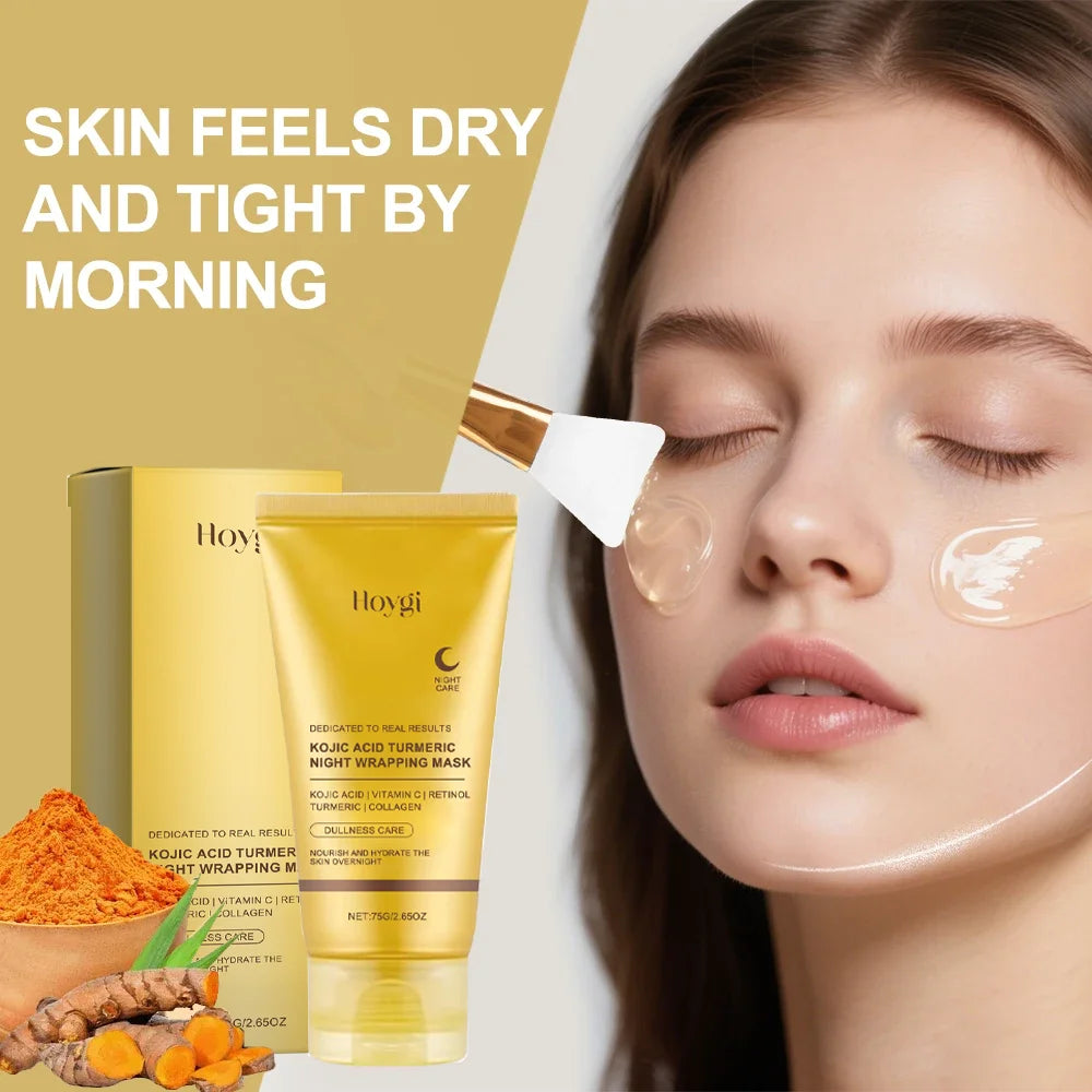 Hoygi Turmeric Kojic Acid Collagen Night Mask: Anti-wrinkle, firming Korean skincare in a yellow tube for night care.