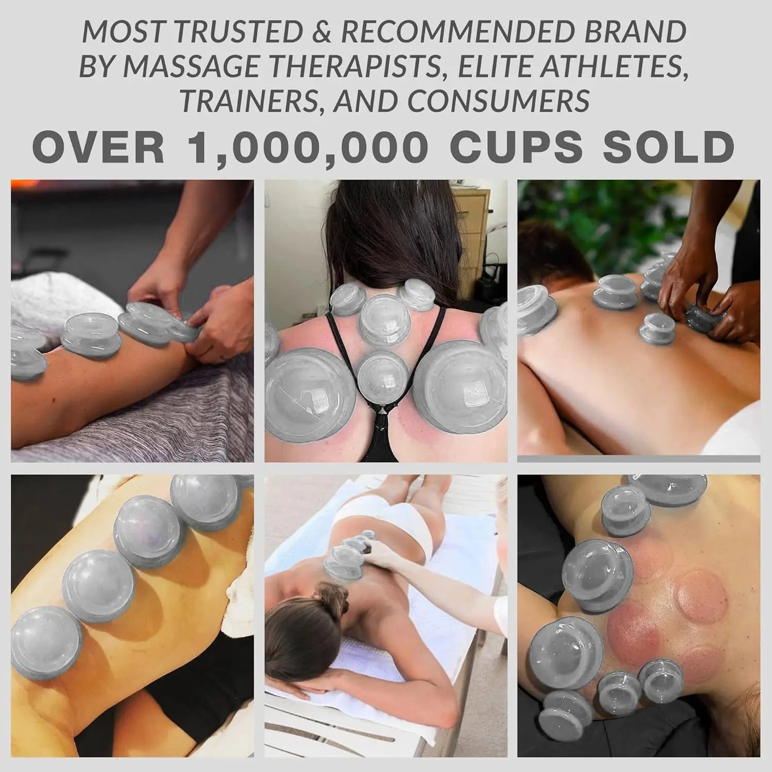 Collage of people receiving therapy with clear, dome-shaped silicone suction cups placed on their backs and limbs.