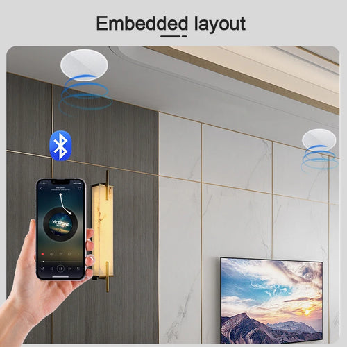 White flush-mount ceiling Bluetooth speaker embedded with visible mounting brackets