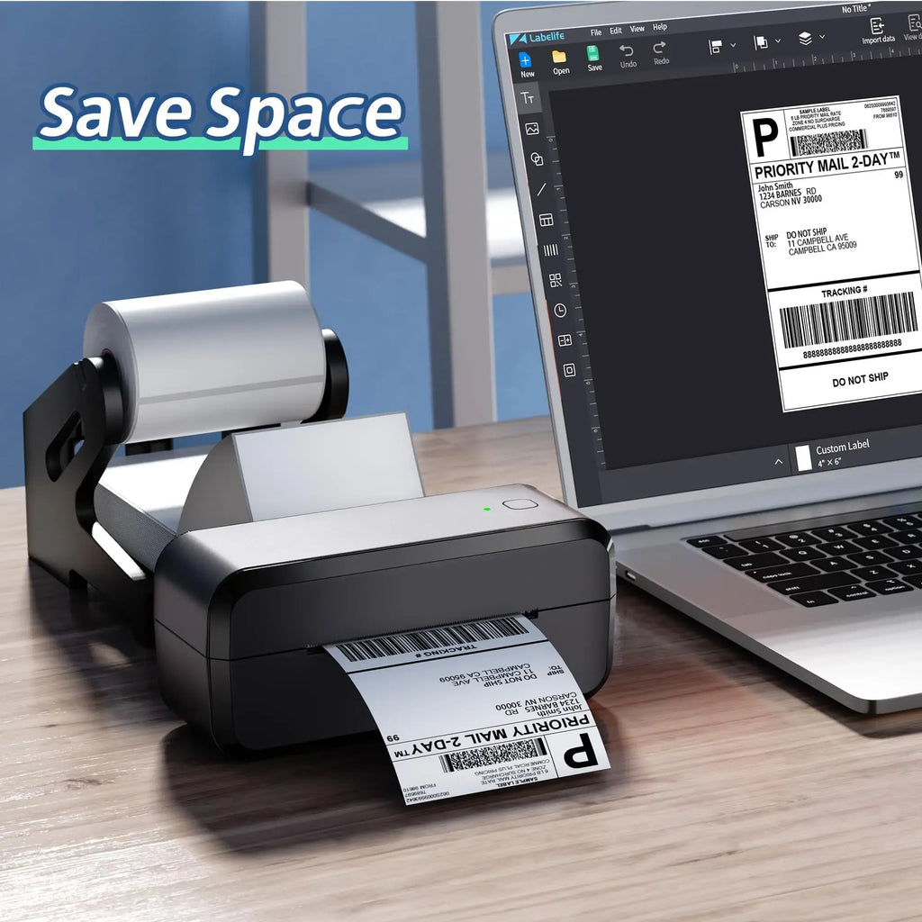 4x6 direct thermal label sheet being printed, barcode strip on labels