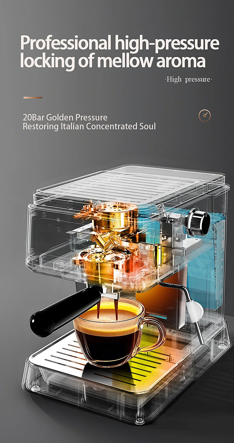 Transparent 20-bar espresso machine with internal brass components, black handle, and glass cup on a drip tray.