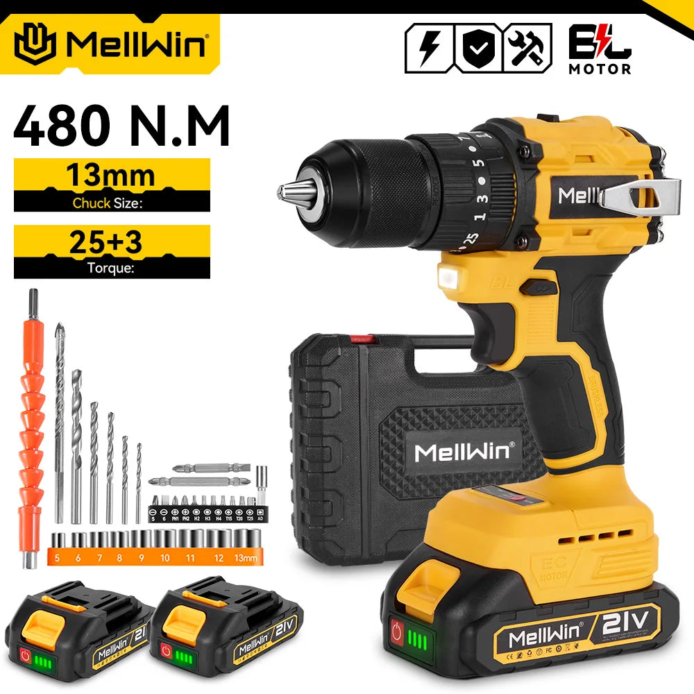 MELLWIN 13MM Brushless Electric Impact Drill 25+3 Torque Handheld Flat Drill Screwdriver Power Tools For Makita 18V Battery Pin