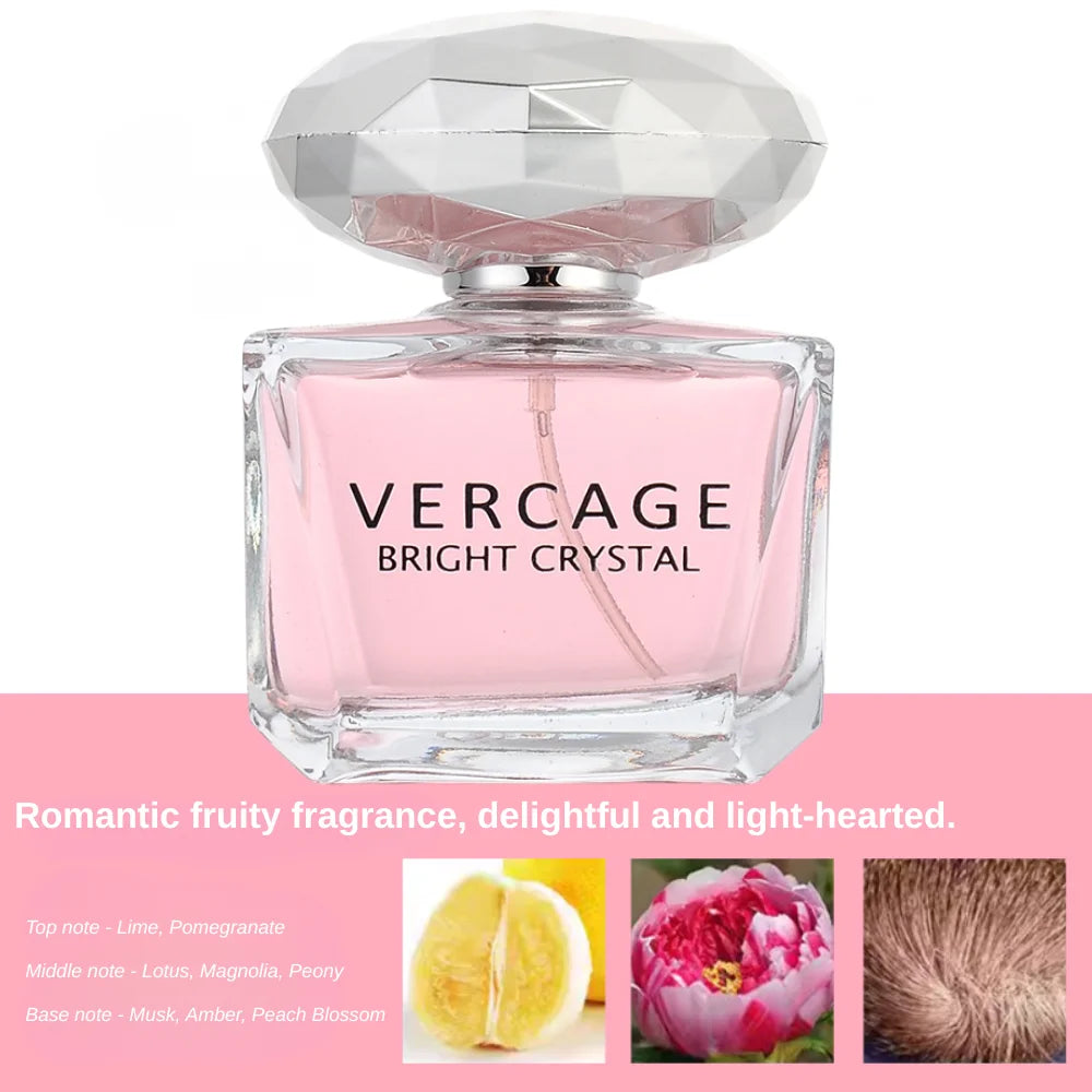 Luxury long-lasting 50ml women’s perfume in a square glass bottle with a faceted crystal cap and light pink fragrance.