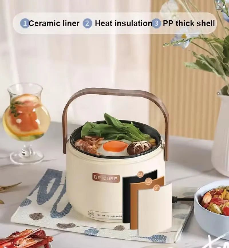 White electric rice cooker with lid open, steaming pot with vegetables and egg