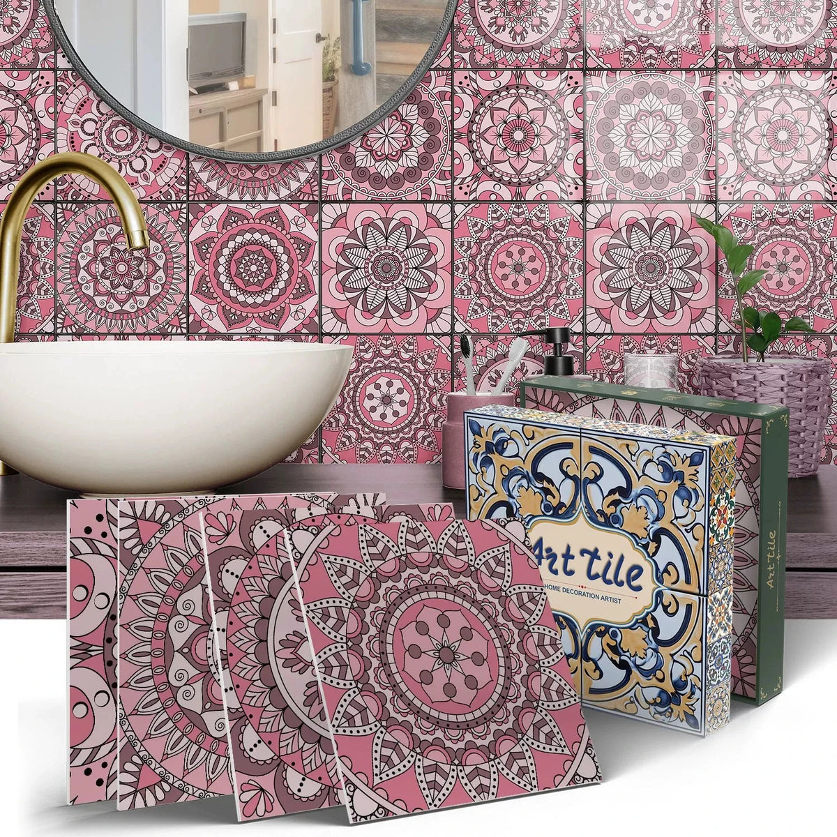 Mosaic tile sticker set, pink mandala pattern on square peel-and-stick tiles