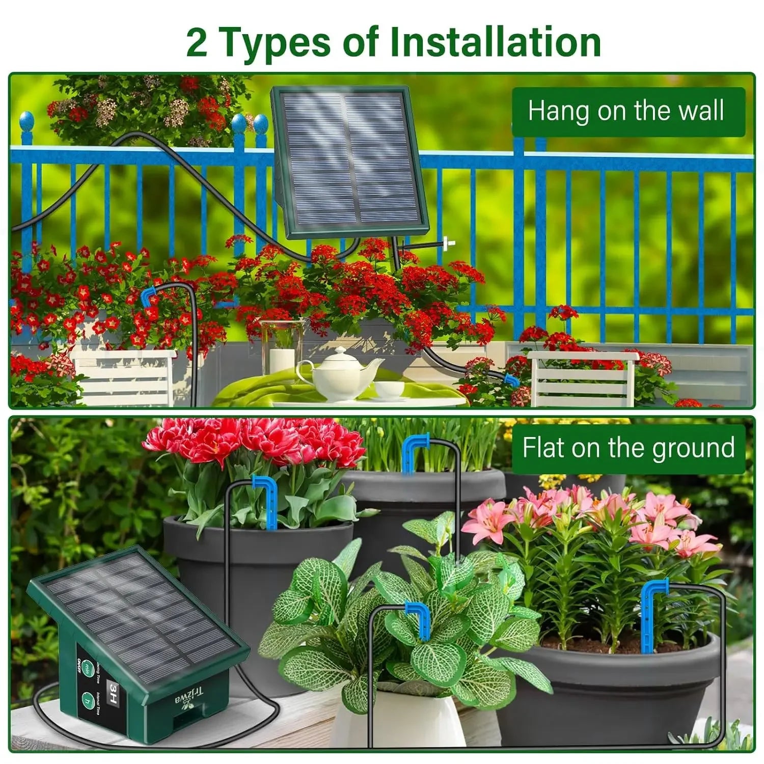 Solar drip irrigation kit showing wall-hang or ground-flat installation of the solar panel