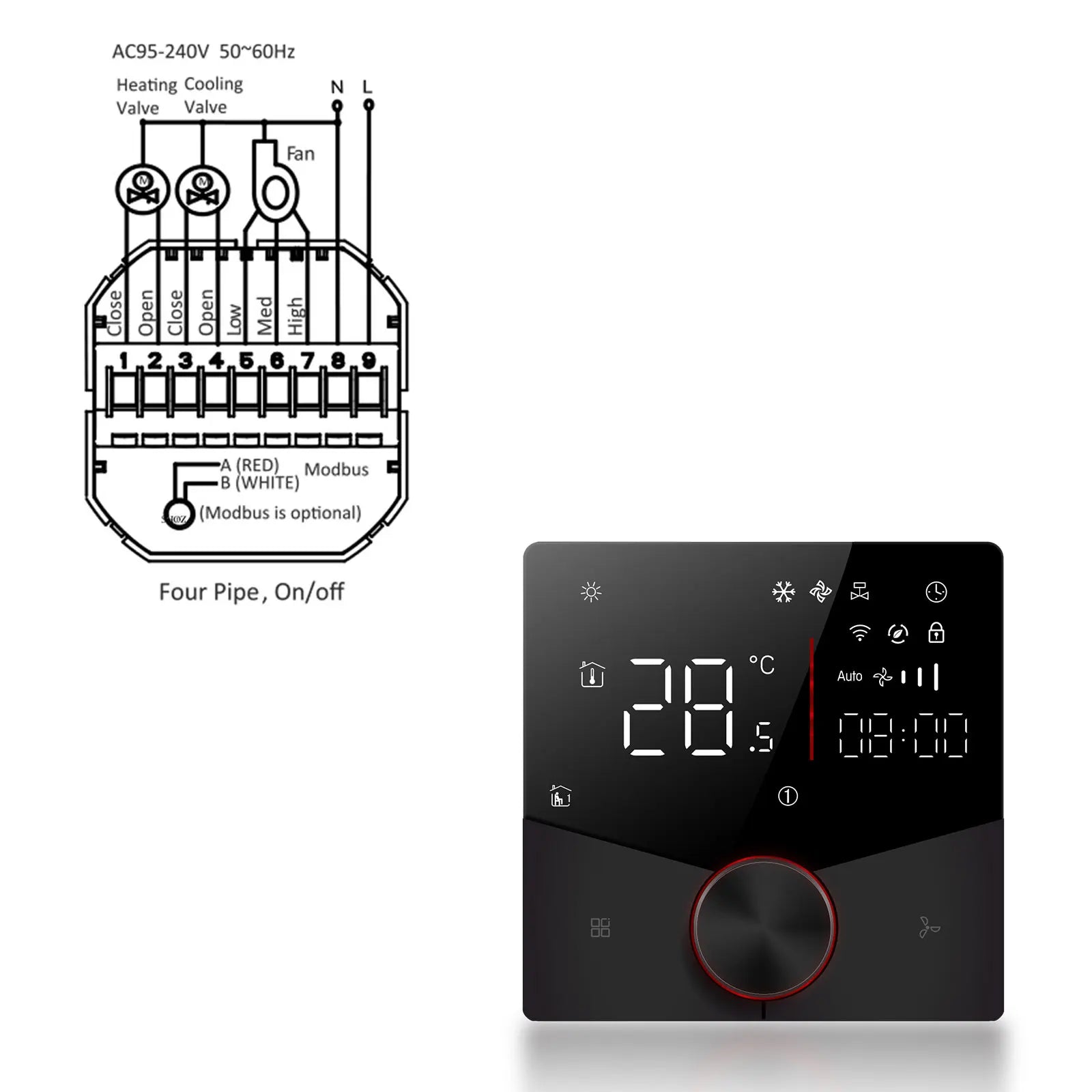 2/4 pipe wifi thermostat central air conditioning 3-speed fan coil rotating temperature adjustment voice TUYA  Alexa 24V