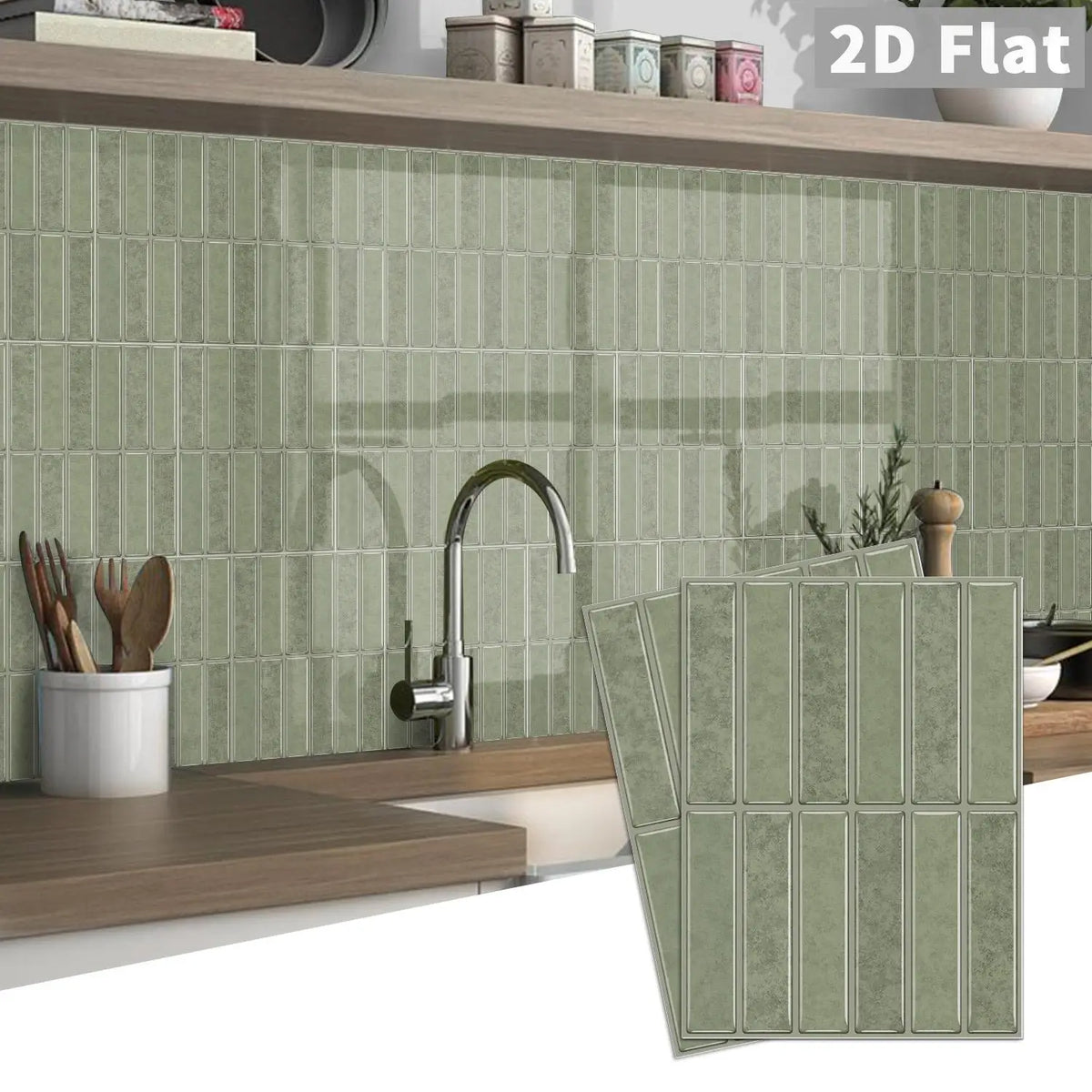 Peel-and-stick light green tile decals with raised grid lines, flat backing pieces