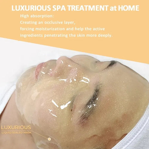 Face covered with a thin jelly mask layer during a home spa treatment