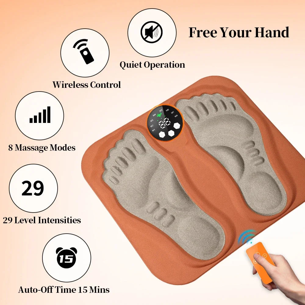Orange smart foot massage pad with 8 modes, 29 intensity levels, RF remote, and digital display for muscle relaxation.