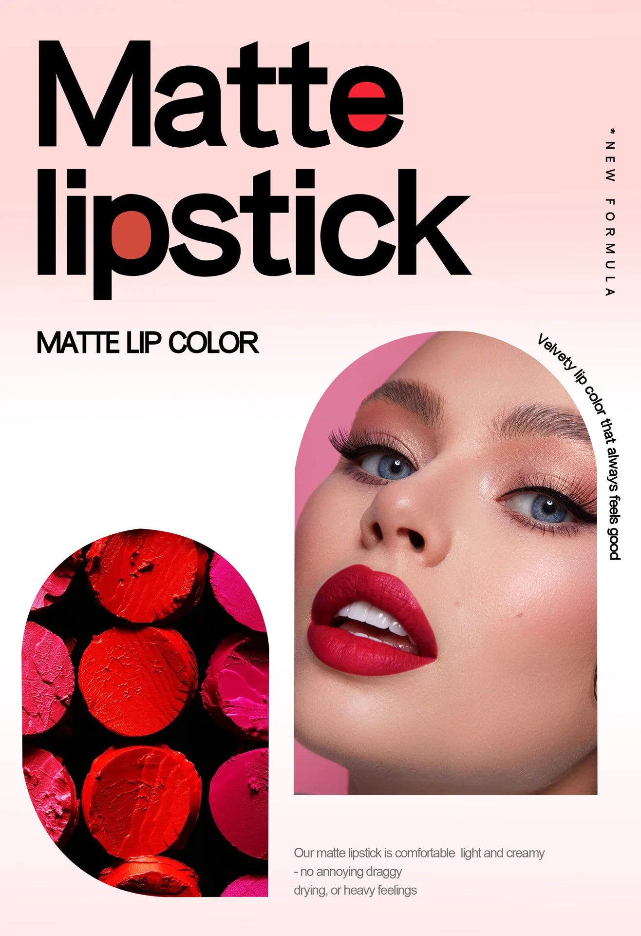8pcs velvet matte lipstick set, long-lasting Korean lip color with creamy red and pink shades on a model.
