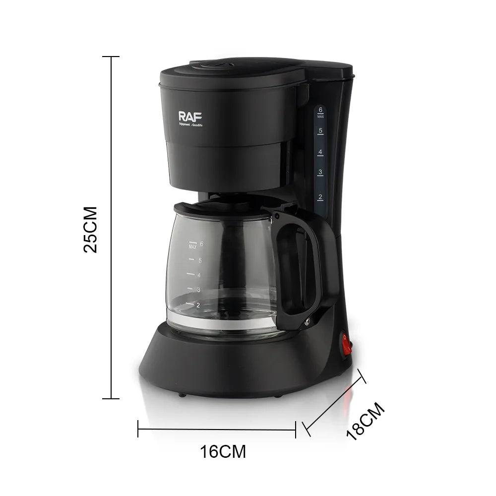 RAF black 6-cup drip coffee maker with glass carafe and compact 25x16x18cm dimensions.