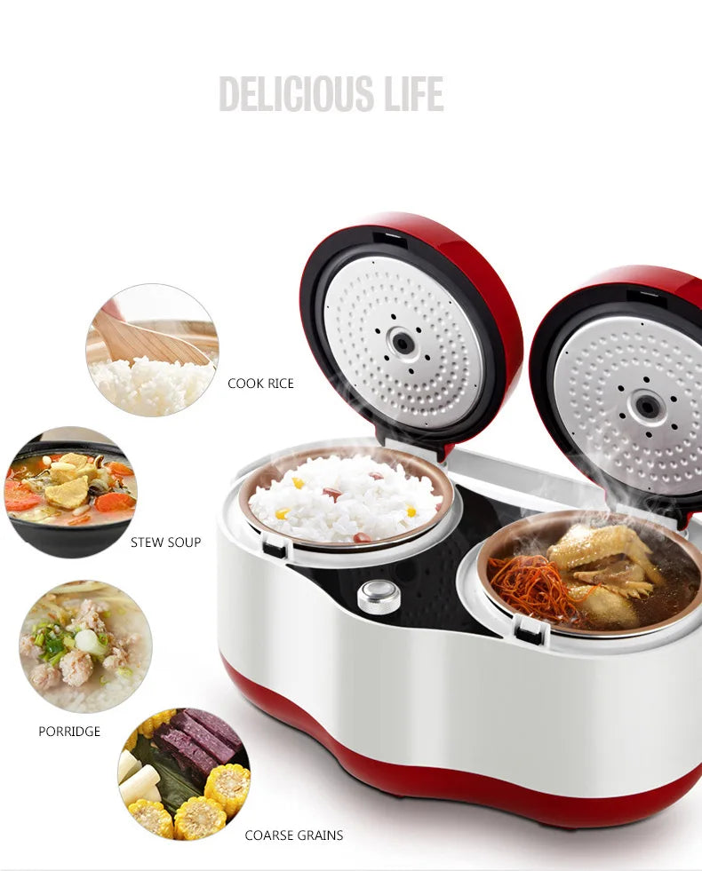White and red double-tube rice cooker with two open pots and food samples
