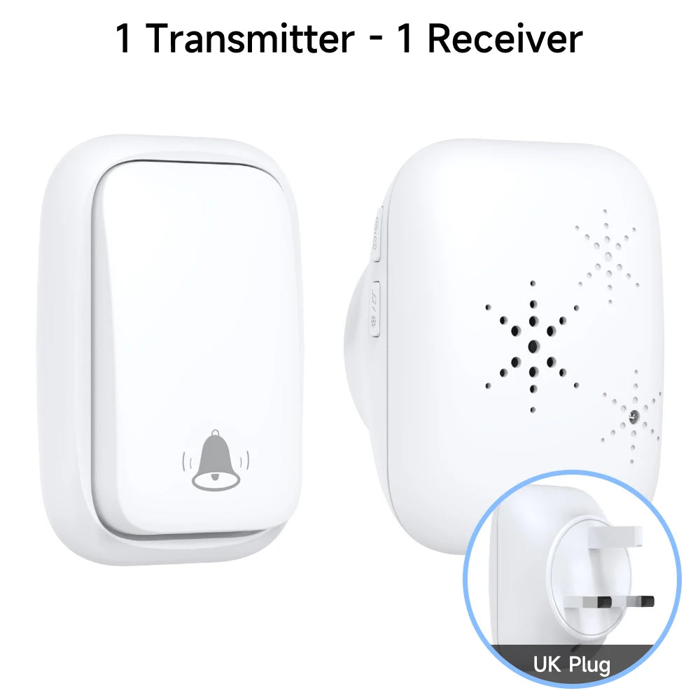White wireless doorbell kit: transmitter plus receiver with UK plug inset