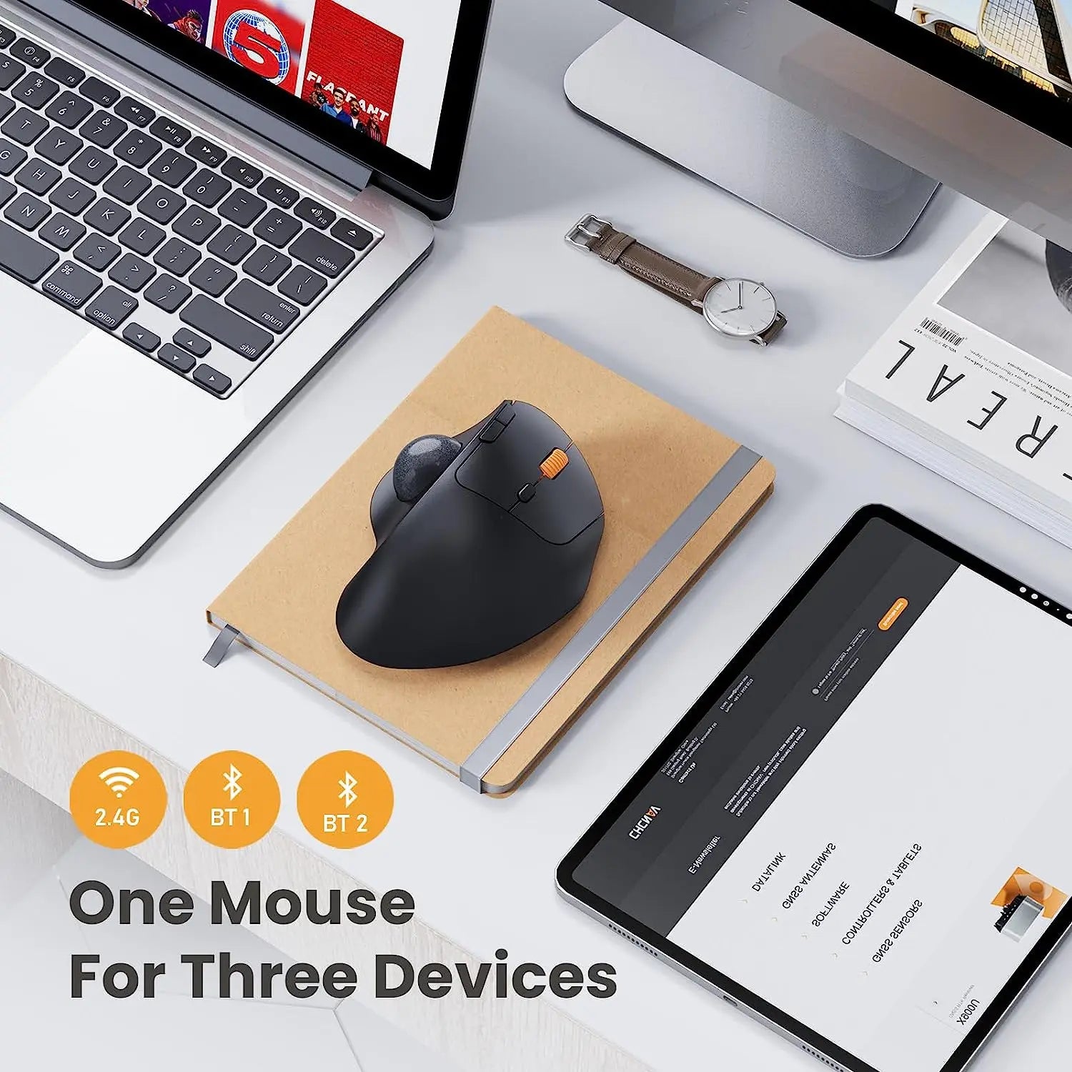 ProtoArc Wireless Trackball Mouse 2.4g Ergonomic Rollerball Mouse Rechargeable Bluetooth Computer Mice 3 Device Connection