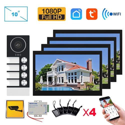 Black video door phone intercom system with multiple monitors and door camera accessories