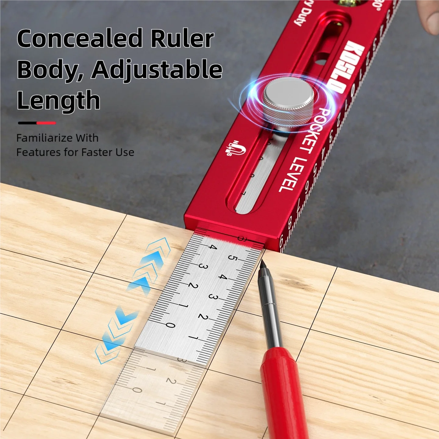 TINSOL Multi-functional Magnetic Marking Ruler Aluminum Alloy Ruler with Level Marking, Metric and Imperial, for Woodworking