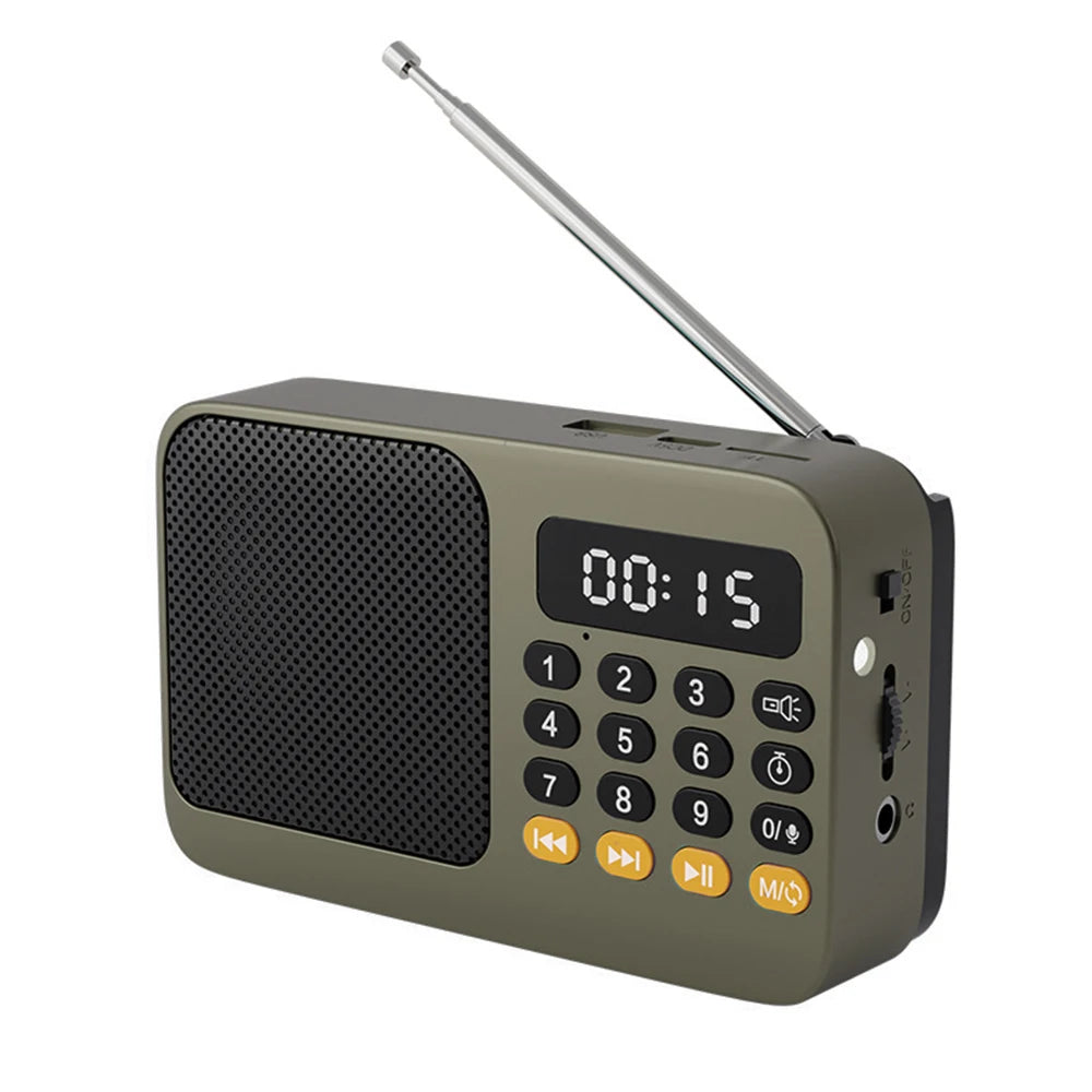 Olive portable FM radio speaker with LED display, keypad buttons, mesh speaker grill, antenna