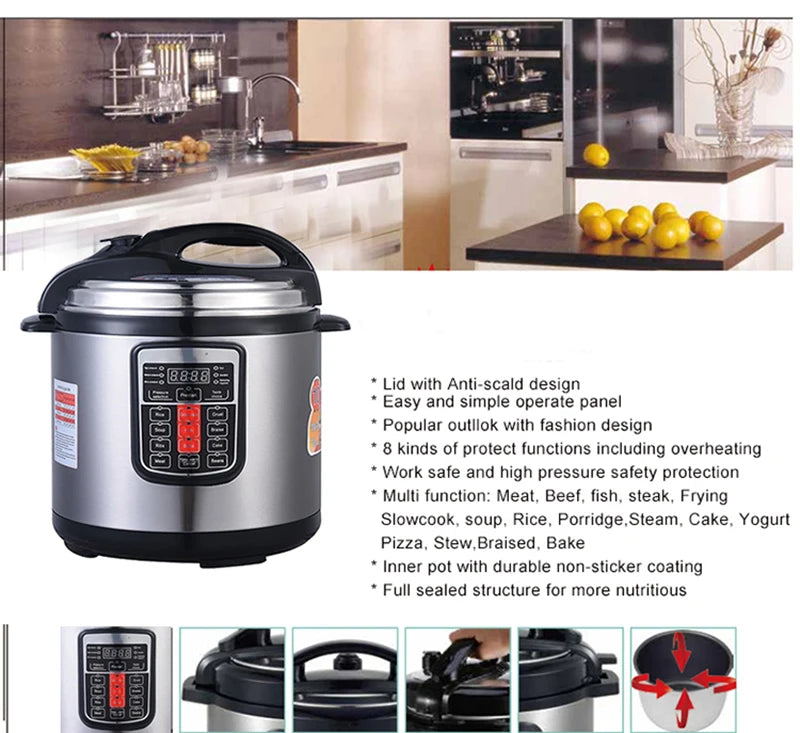 Silver electric pressure cooker on kitchen counter with control panel and handle