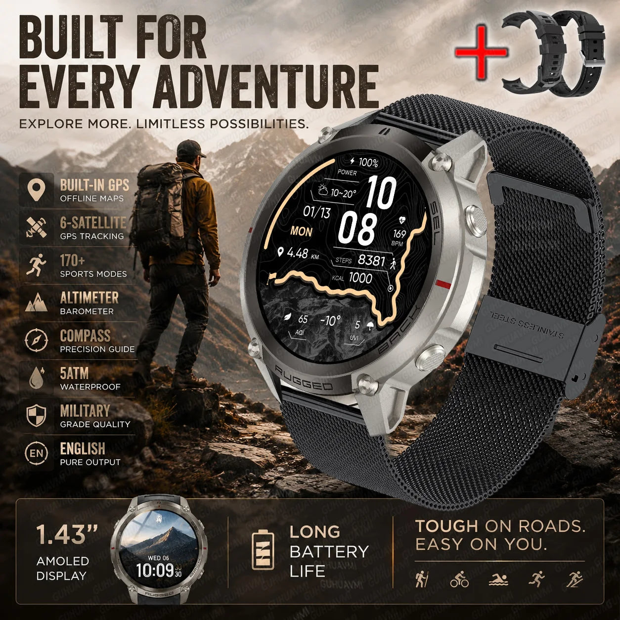Silver GPS sports smartwatch with round case and black fabric strap
