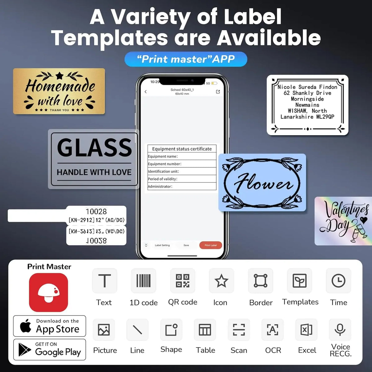 Thermal label printer with sample label templates on the output area