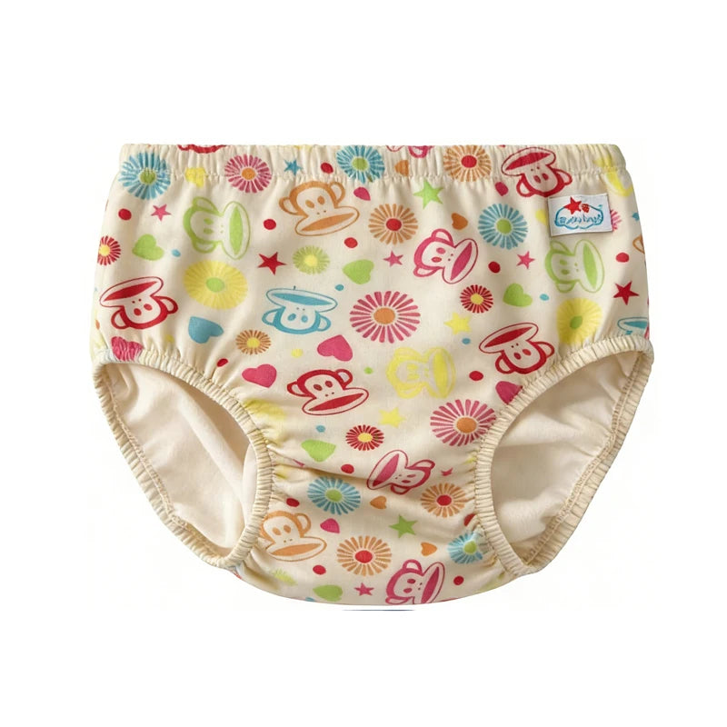 Baby training pants with colorful monkey, star, and flower print, ideal for toddler potty training.