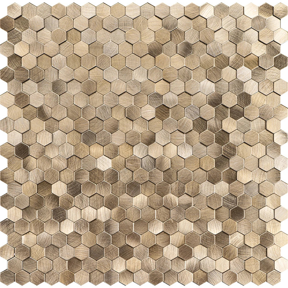 Hexagon metal mosaic tile sheet, light gold brass-toned stainless finish