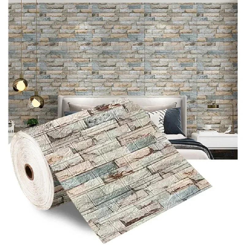 3D self-adhesive stone brick wallpaper roll in beige and gray tones