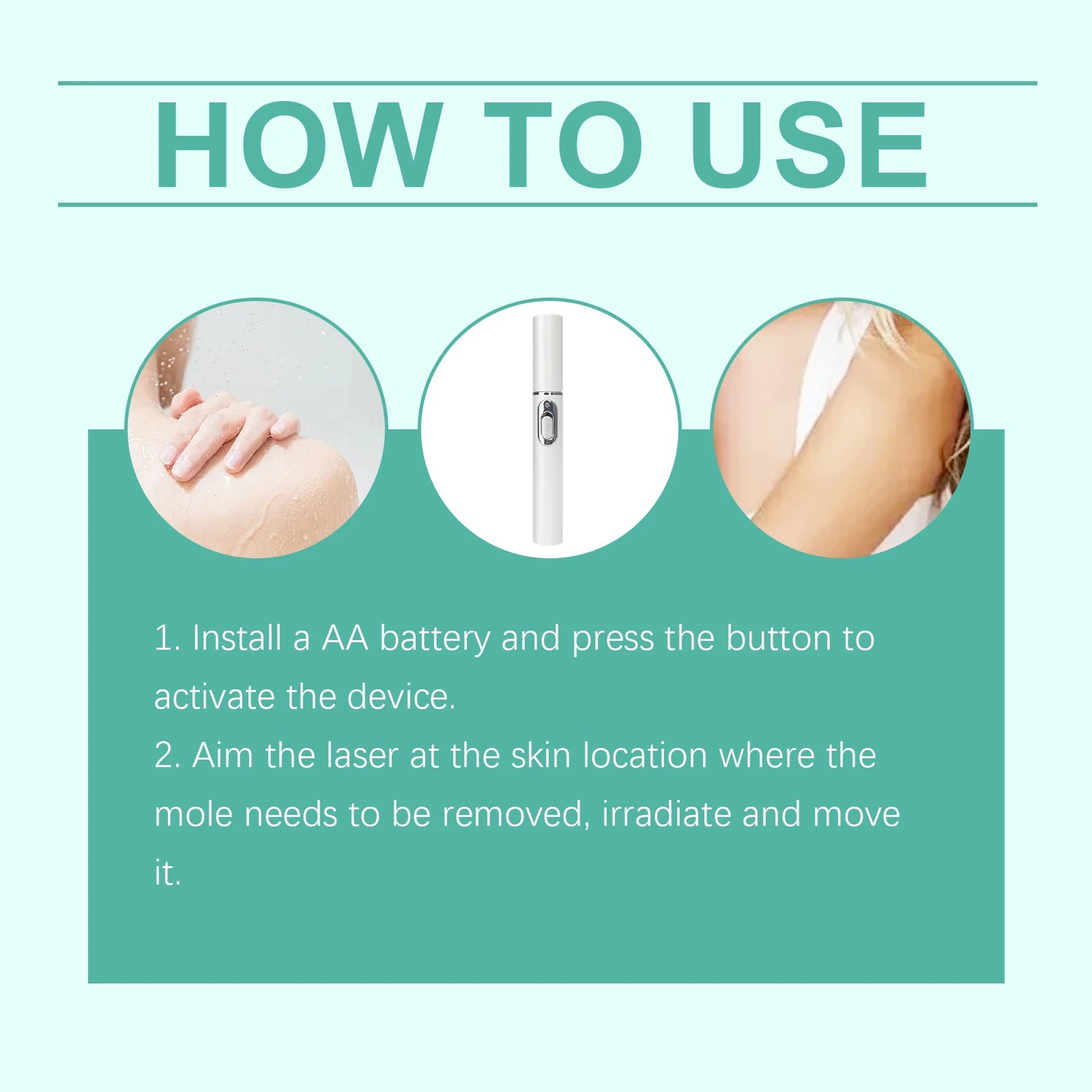 White, sleek laser pen for facial spot removal, shown with usage instructions and skin application examples.