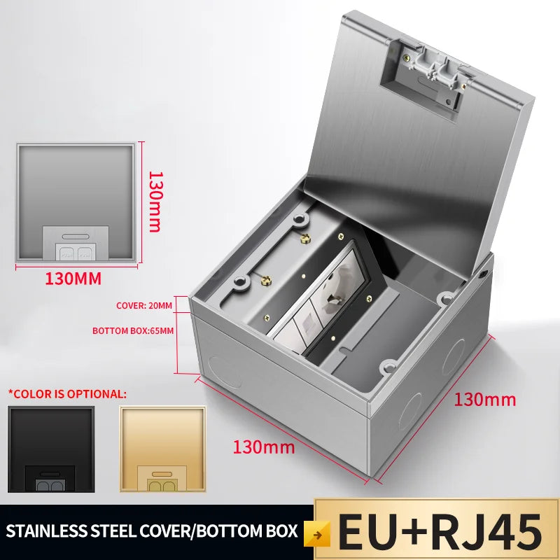 Recessed stainless steel floor socket box with open cover, EU RJ45
