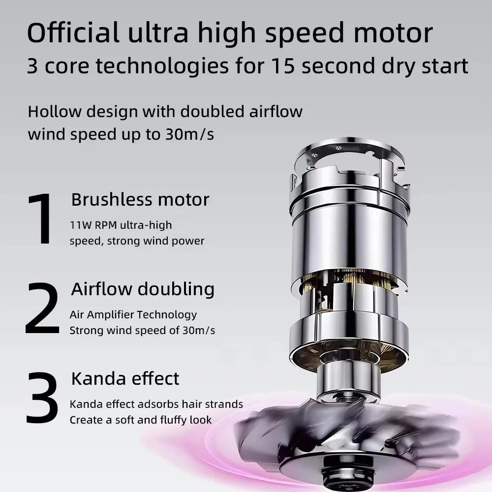 Silver leafless hair dryer motor with high-speed brushless technology and air amplifier for professional styling.