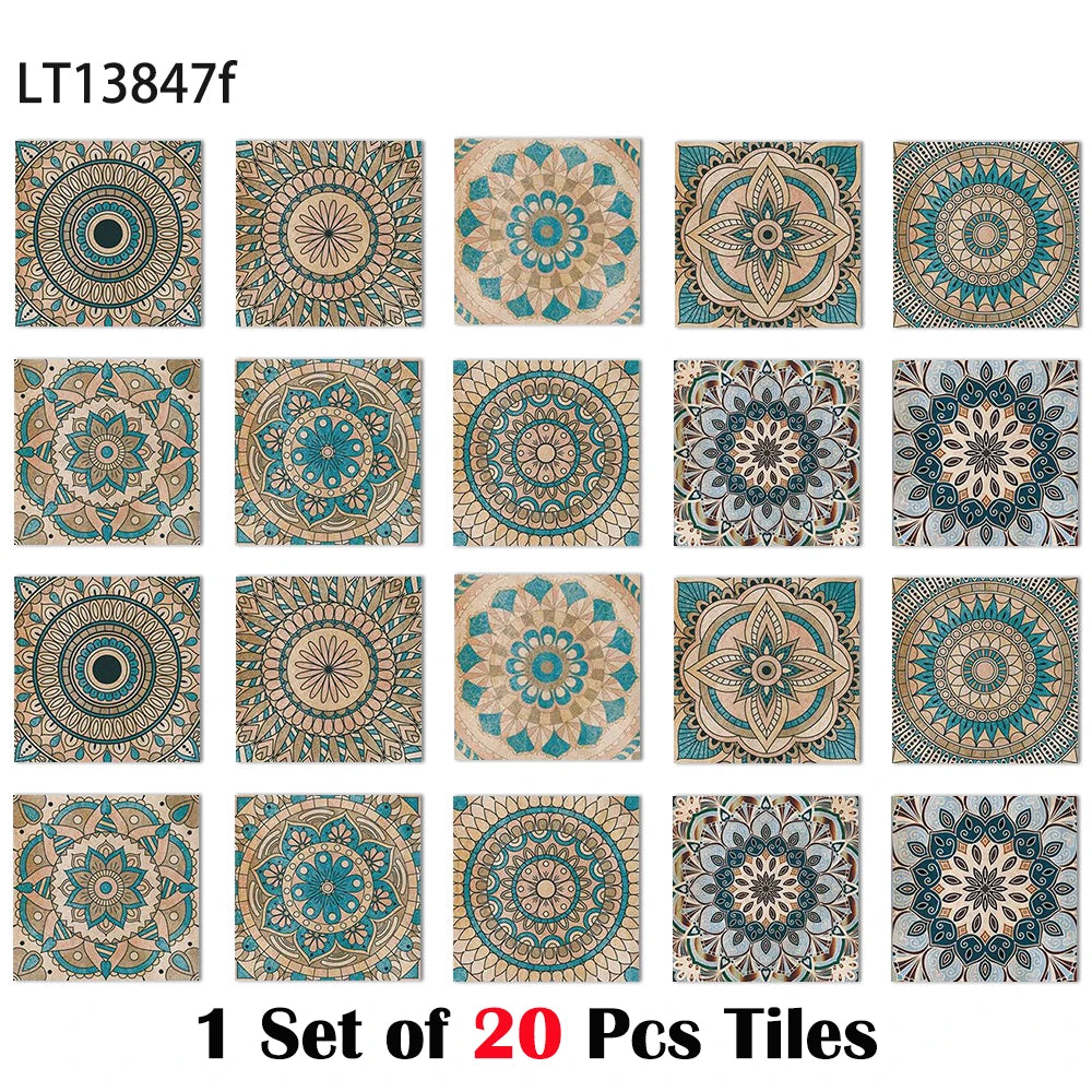 Square vintage tile wall sticker set, glossy teal and tan mandala floral designs