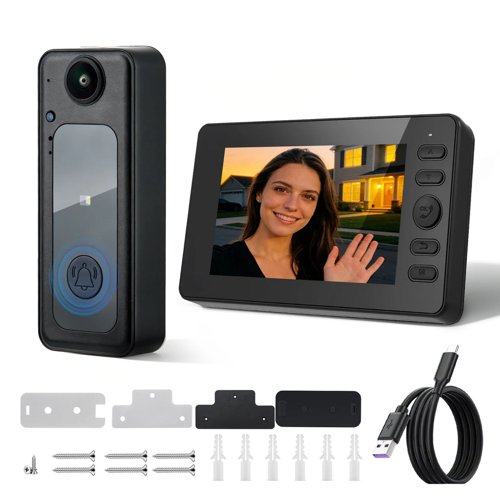 Wireless Video Doorbell With Screen 4.3'' IP65 HD Smart Intercom 2.4G NoWIFI Visible Outdoor Doorbell Two-Way Audio Night Vision